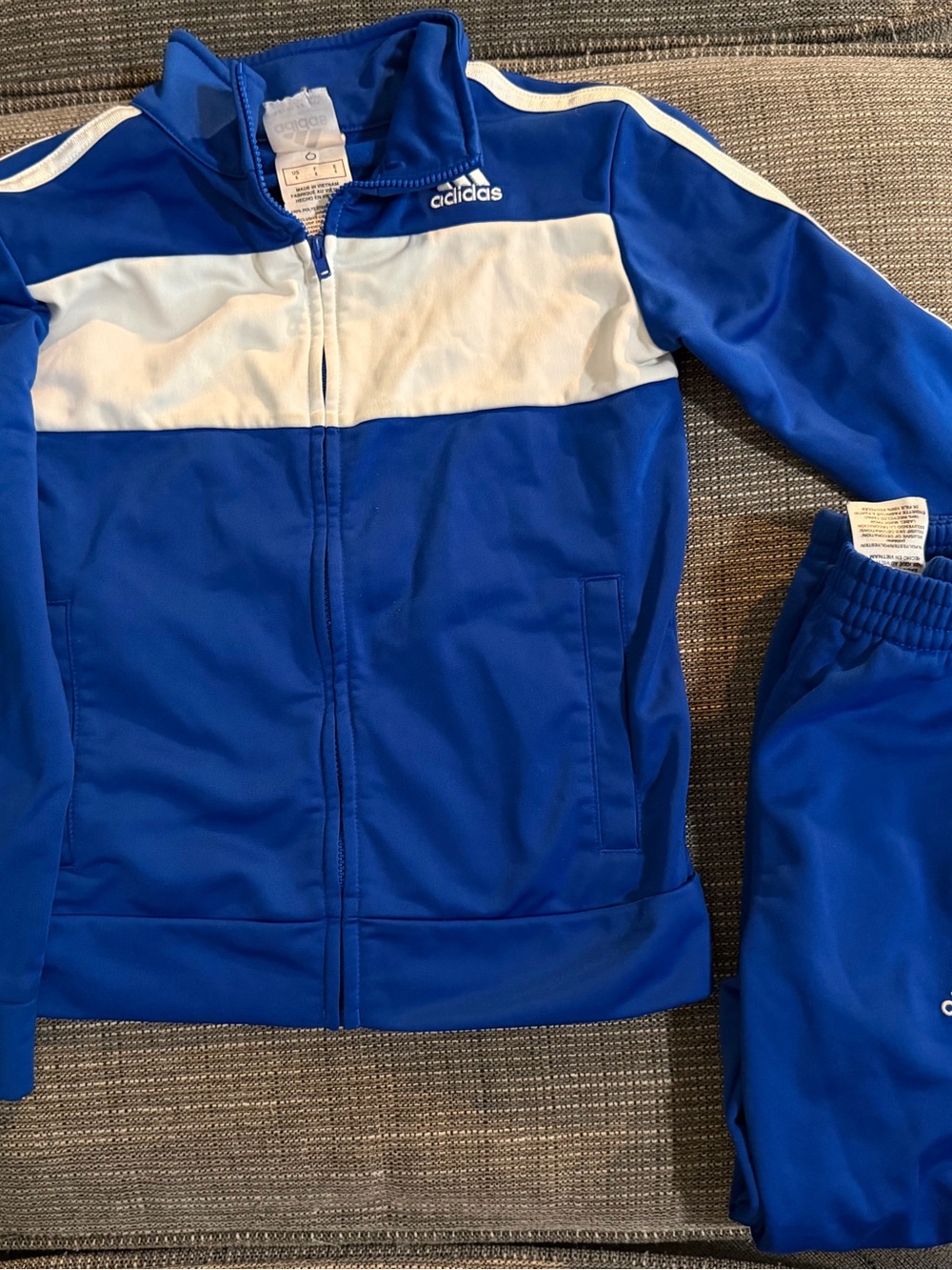 adidas Blue and White Kids Track Jacket and Pants Set